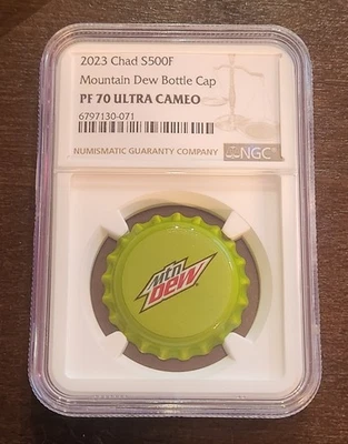 Tapa de botella Tchad 2023 6 gramos Mountain Dew .999 plata NGC PF70 ultra camafeo Foto 1 de 3