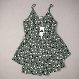 Angashion Sleeveless Size M Floral Print Double Layered Polka Dot Romper Green - Picture 1 of 9
