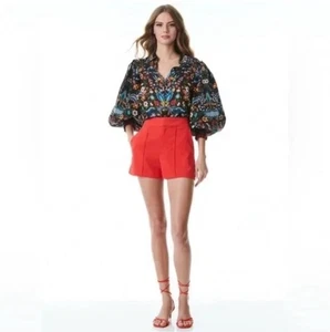 NEU Alice + Olivia Dylan hohe Taille Nadelstreifen Shorts mohnrot Größe 0 195 $ - Bild 1 von 12