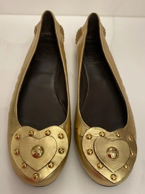 Tory Burch Flats Gold Metallic Leather Studded Heart Shape Ballet Flats Size 9 - Image 1 of 4