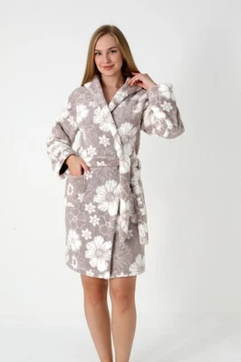 Bademantel Damen Kuschelig Fleece mit Blumenmuster Kurz Weich Warm Bequem M-XL - Bild 1 von 4