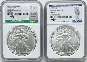 2021 & 2021 P HERALDIC T1 SILVER EAGLE 2 COIN BONUS SET NGC MS70 MERCANTI SIGNED - Picture 1 of 2