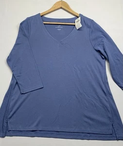 New J Jill Shirt Women’s L 100% Pima Cotton V-Neck Tee 3/4 Sleeve Dusk Blue - Picture 1 of 11