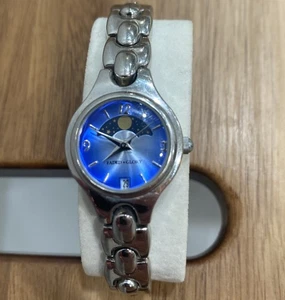 Faded Glory Moon Phase Watch Silver Tone Metallic Blue Face/Date New Battery - Picture 1 of 9
