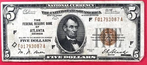1929 $5 National Currency Federal Reserve Bank Of Atlanta VF #z - Picture 1 of 2