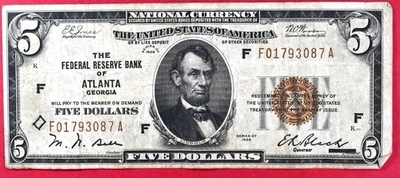 1929 $5 National Currency Federal Reserve Bank Of Atlanta VF #z - Image 1 of 2