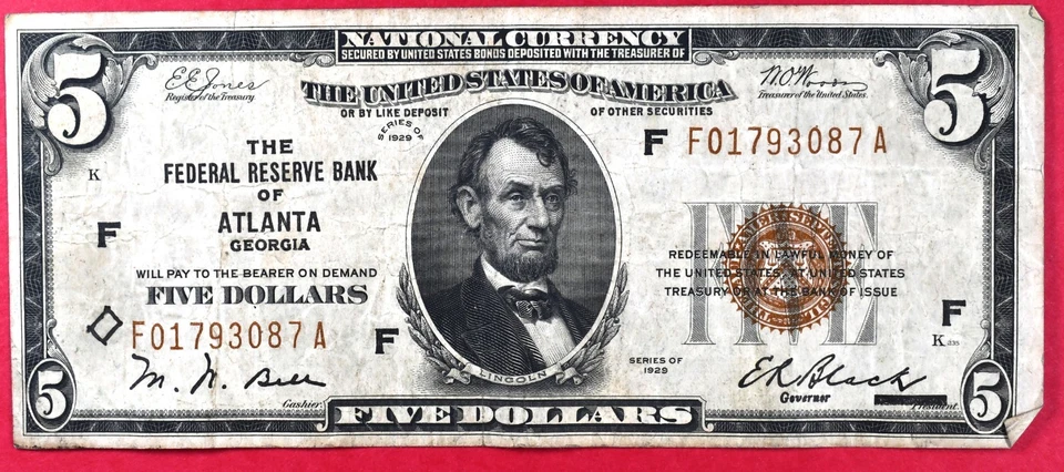 1929 $5 National Currency Federal Reserve Bank Of Atlanta VF #z - Image 1 of 2