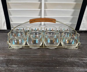 Vintage Federal Glass Turquoise Gold Roly Poly 8 Bar Set Tear Drop Caddy MCM 50s - Picture 1 of 12