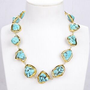 Blue Turquoise Freeform With Gold Plated Edge Necklace 18" Handmade For Lady