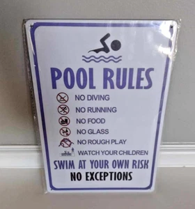 Metal Pool Rules Sign 'NO DIVING NO RUNNING NO FOOD NO GLASS NO ROUGH PLAY' New - Picture 1 of 3
