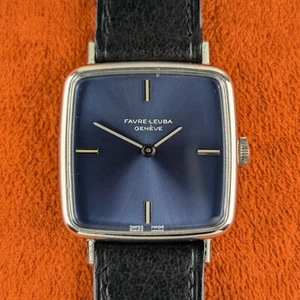NOS Vintage FAVRE-LEUBA Square 1980s Blue Sunburst dial - Manual Wind ETA 2512 - Picture 1 of 13