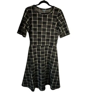 Modcloth Geometric Gold Black Plaid Dress Short Sleeve Knit Holiday Size Large - Picture 1 of 11