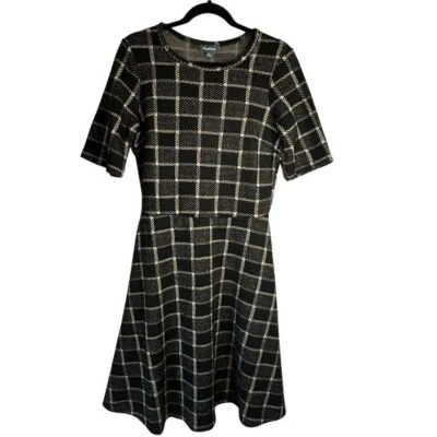 Modcloth Geometric Gold Black Plaid Dress Short Sleeve Knit Holiday Size Large - Image 1 of 4