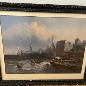 Original 1800’s Franz Krause Oil On Canvas German Merchants Harbor Painting - Picture 1 of 16