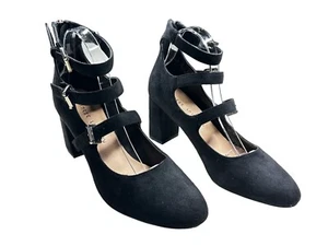 Chinese Laundry Black Suede Block Heel Pumps Size 11 Triple Buckle Ankle Straps - Picture 1 of 8