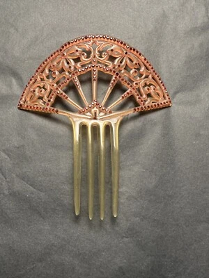 Старинный викторианский большой целлулоидный вентилятор расческа для волос с красными стразами - Изображение 1 из 4