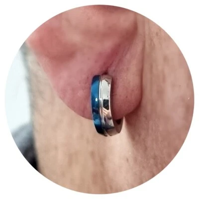 Orecchini cerchio da uomo in acciaio inox cerchietti bombati argento blu - Immagine 1 di 4