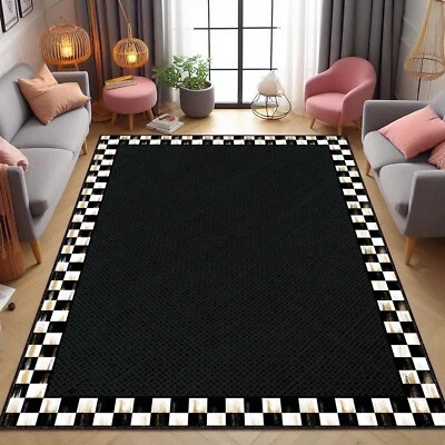 Checkered Rug, Black Border on Check Pattern Nonslip Area Rug, Black and White R - Image 1 of 4