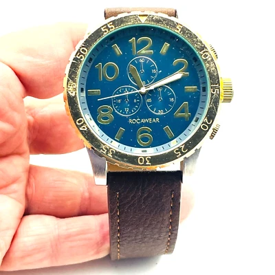 ROCAWEAR Mens Wristwatch Faux Leather Band Gold Tone Classic READ - Image 1 of 4