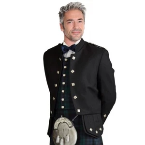 Scottish Black Wool Men's Military Sheriffmuir Doublet Kilt Jacket with Vest - Picture 1 of 1