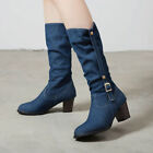2023All Size Ladies Denim Slouch Mid-Calf Boots Block Heels Pull On Casual Shoes