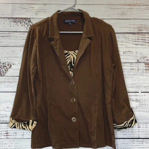 Camicia blazer finta Jones New York donna XL marrone stampa animalier rotolo linguetta manica - Foto 1 di 17
