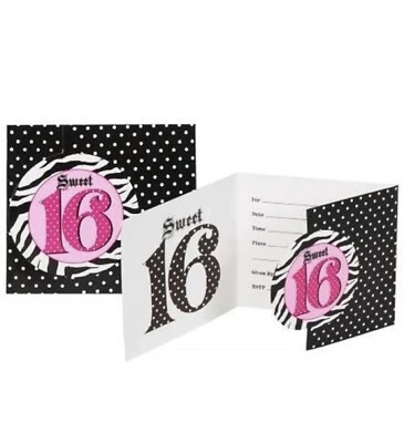 8 Super Stylish Sweet 16 Pink Black Zebra Polka Dot Birthday Party Invitations - Image 1 of 2