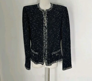 St. John Collection Tweed Collarless Contrast Zip Jacket Sz 10 Designer Blazer - Bild 1 von 24
