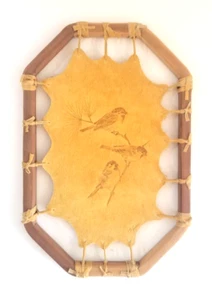 3 Birds Burned Etched in Leather Hide Stretched on Rustic Wood Frame Signed Art - Picture 1 of 18