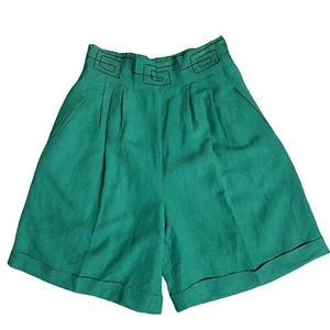 Pantalones Cortos Vintage Años 90 Verde Plisado Frontal Bordado Cintura Pierna Completa Puños Talla 11/12 - Imagen 1 de 8