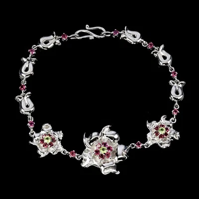 925 Sterling Silver Bracelet Round Peridot Rhodolite Garnet Gemstone Jewelry 7in - Image 1 of 4