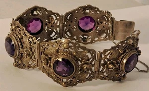 Cellini 800 Fine Silver Ornate Purple Gemstone Bracelet Florence 7.25" STUNNING! - Picture 1 of 15