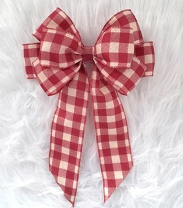 Red Checked Fabric Bow for Wreaths -   Large Decorative Bow - Handmade - Picture 1 of 11