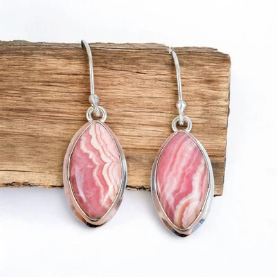 Rhodochrosite Dangle Earrings 925 Sterling Silver Boho Pink Gemstone Gift - Image 1 of 4