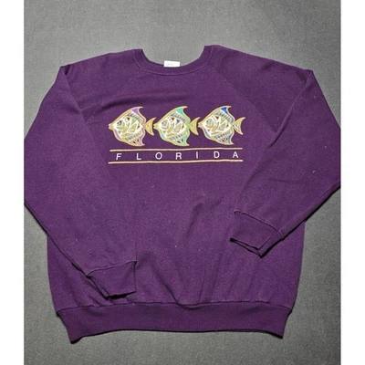 Sudadera De Colección Florida Tultex Púrpura Bordada Peces Cuello Redondo Años 90 XL Foto 1 de 4