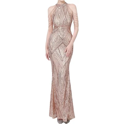 Vestido de Fiesta Dorado Talla Pequeña Lentejuelas Halter Borla Hombro Descubierto Bodycon Vestido de Baile Foto 1 de 4