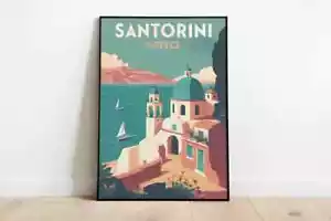 Santorini Travel Poster | Greece | Retro Wall Art | Home Decor | Unique Gift - Picture 1 of 4