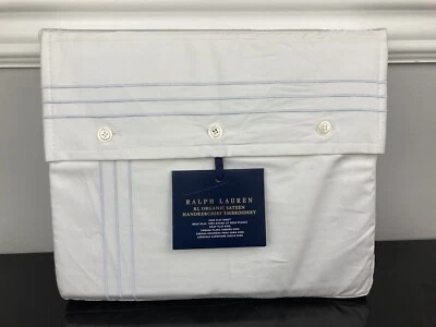 Ralph Lauren Organic Handkerchief Embroidery Flat Sheet White Blue Hyacinth KING - Image 1 of 3