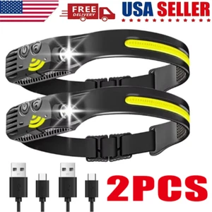 2 Stück COB LED Stirnlampe Headlight Taschenlampe Arbeitslichtleiste Kopfband Lampe USB Aufladen - Bild 1 von 15