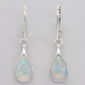 White FIRE OPAL Teardrop / Pear Leverback Earrings - 925 STERLING SILVER #545e - Picture 1 of 12