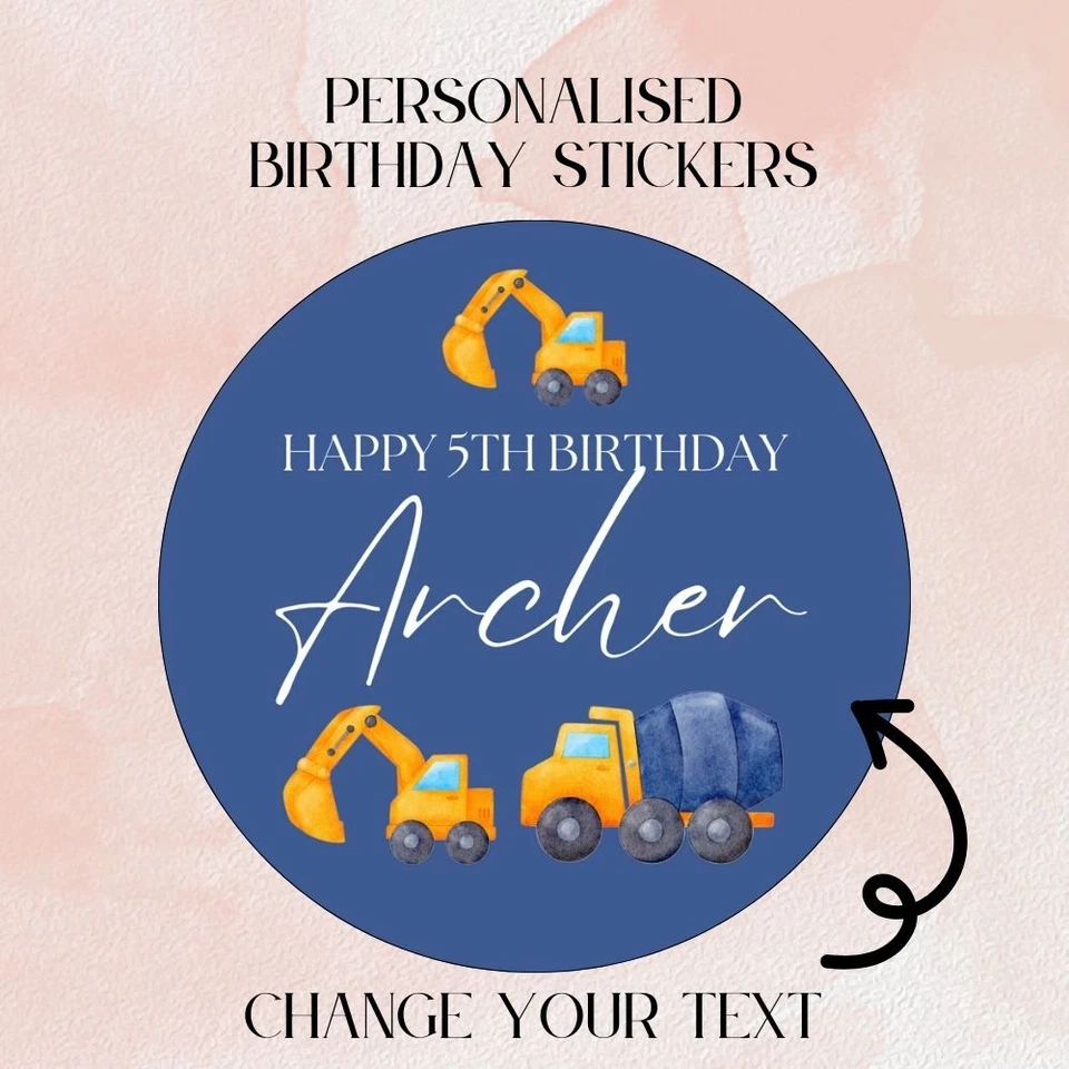 Personalised Digger/ vehicles Stickers, Birthday stickers, thank you for coming - Image 1 of 1