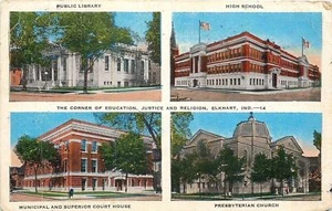 Elkhart Indiana~Biblioteca~Escuela Secundaria~Tribunal~Iglesia Presbiteriana~1940 PC - Imagen 1 de 2