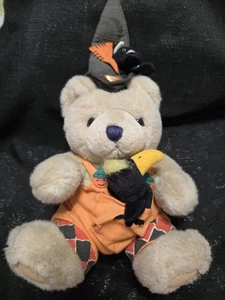 Vintage Halloween Bear With Black Cat In Hat And Crow In Pocket Plush - Picture 1 of 12