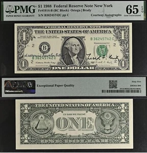 1988 $1 Federal Reserve Note - PMG 65EPQ - Dual Autograph - Ortega / Brady - Picture 1 of 4