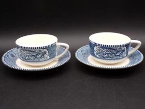 2 Sets Royal China Currier & Ives Two Blue on Cream Patterns 2 Cup 2 Saucers C25 - Picture 1 of 9