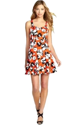 CeCe Cynthia Steffe Floral Mini Dress Sz 4 Bright Orange - Red Sweetheart Flare - Image 1 of 4