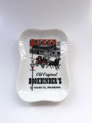 Cenicero Bandeja Punta Cerámica "Bookbinder's of Philadelphia" 3" x 4" Blanco Rojo Negro Foto 1 de 4