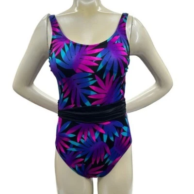 Vintage Mainstream Women's 10 One Piece Swim Suit Black Purple Retro Union USA - Image 1 of 4