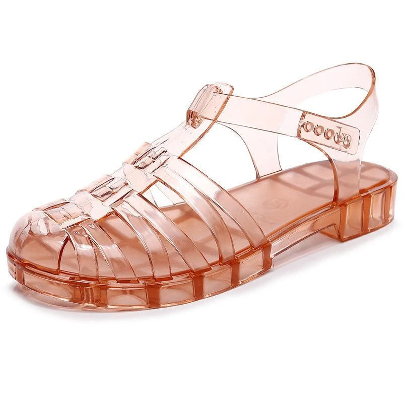 Sandalias de tacón plano transparentes de plástico con punta redonda para mujer zapatos huecos zapatillas informales talla Foto 1 de 4