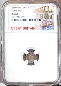 1890 GREAT BRITAIN SILVER 1 PENCE QUEEN VICTORIA NGC MS 62 SCARCE KEY DATE - Picture 1 of 3